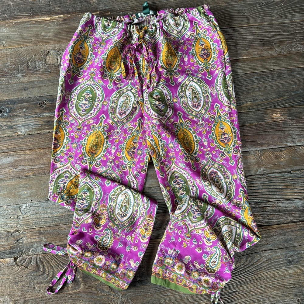 Ralph Lauren poly purple & green paisley side ruched casual pants EUC size S - Picture 5 of 11